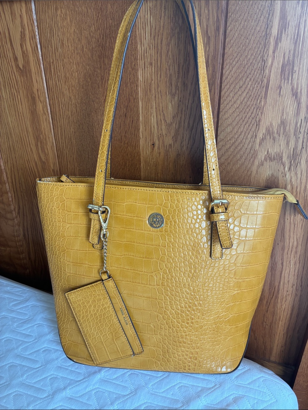 Anne Klein Yellow Croc-Embossed Bag with Card Holder